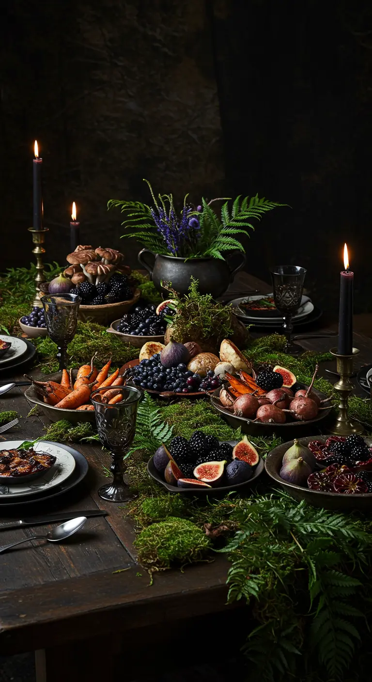 Donkere, sfeervolle tafel gedekt met mos, varens, donker fruit en zwarte kaarsen.
