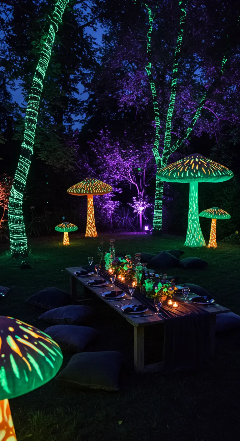 Tuinfeest met oplichtende paddenstoelen en gedekte tafel.