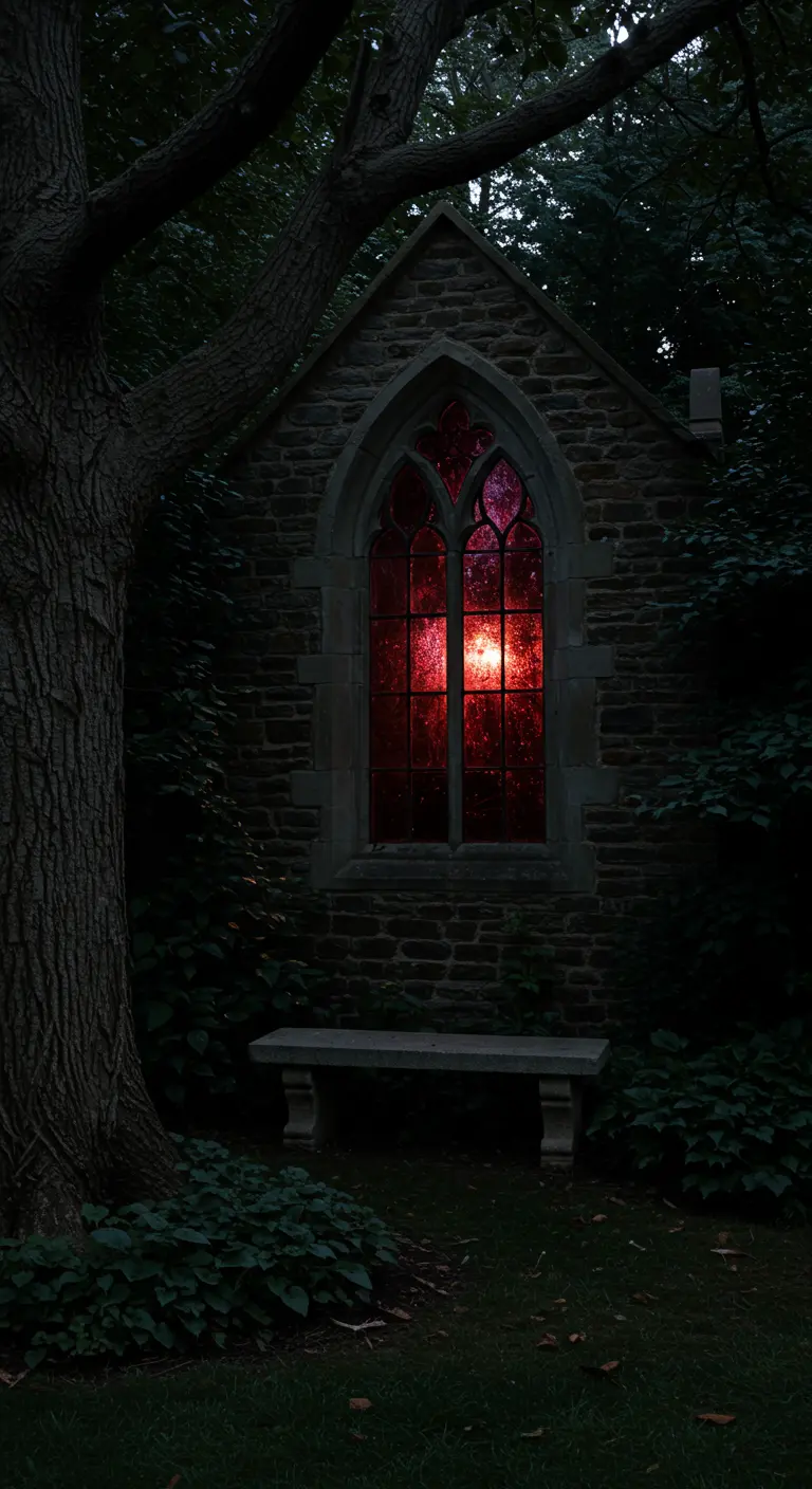 Oud stenen tuinhuisje met een groot, rood glas-in-loodraam, dat oplicht bij zonsondergang in een donkere tuin.