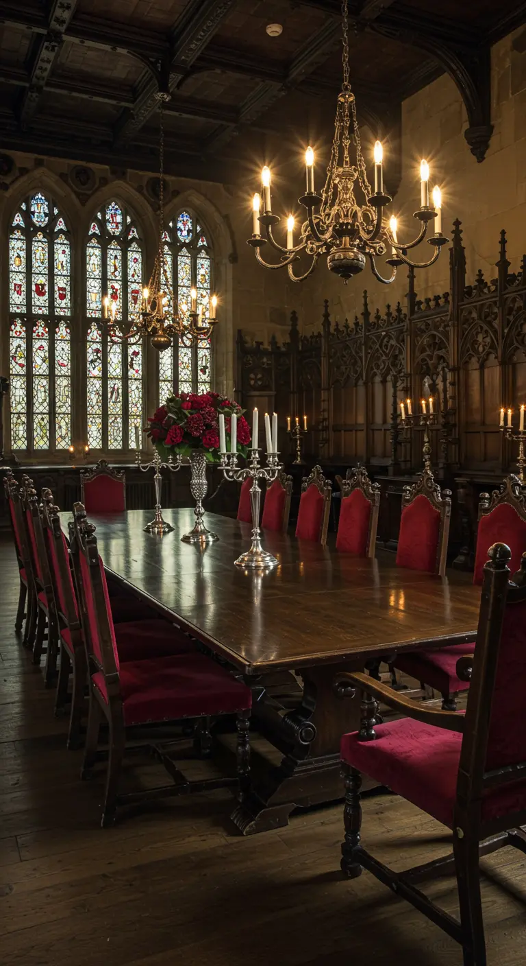 Gotische eetzaal met lange houten tafel, rode stoelen, gebrandschilderde ramen en kroonluchters.