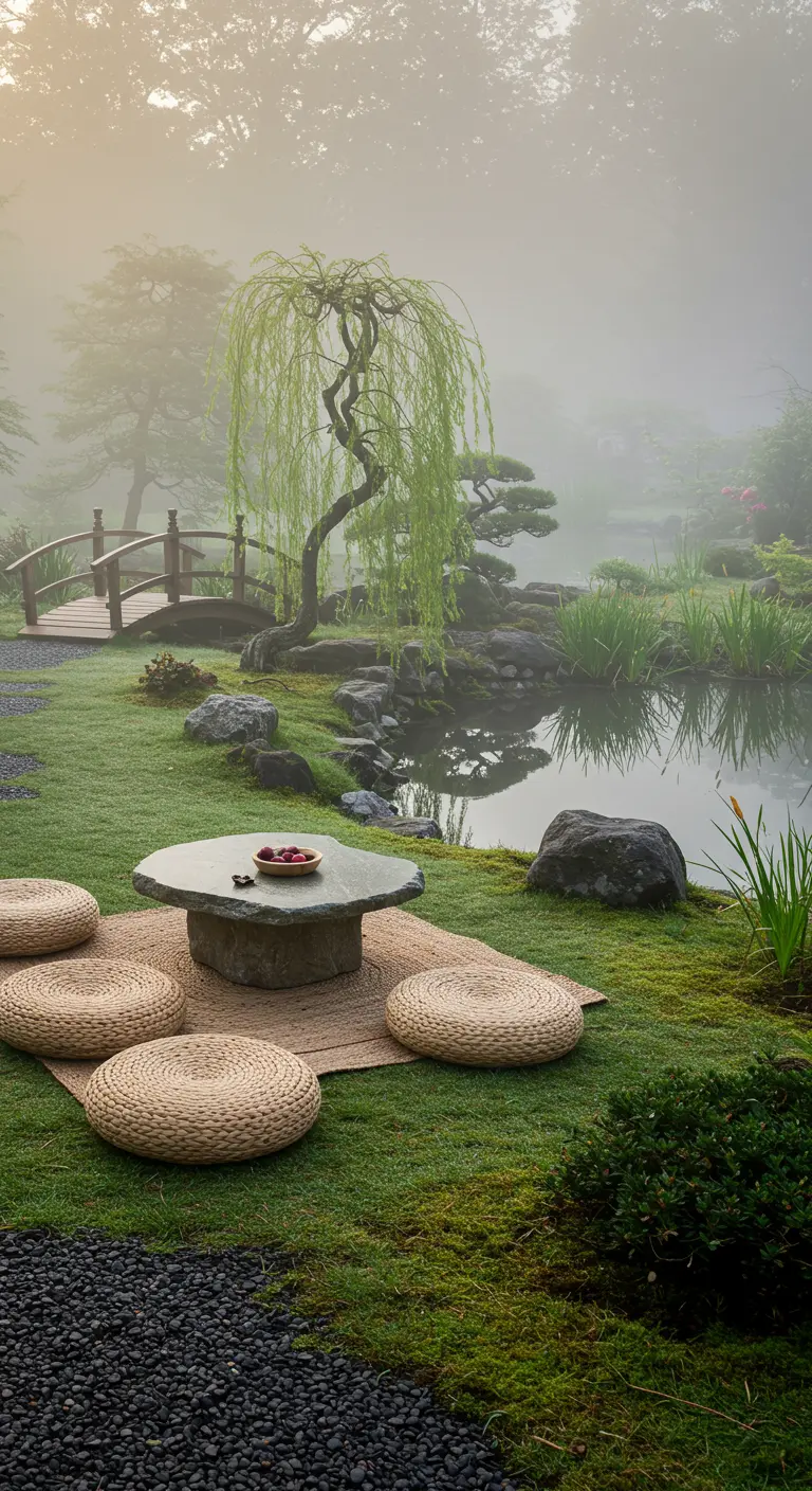 Mistige tuin met een vijver, een lage stenen tafel en rieten zitkussens op het gras.