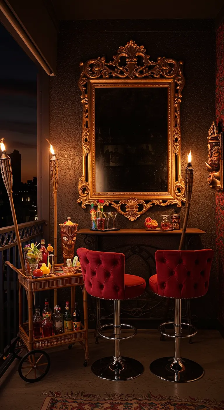Donker balkon ingericht als Tiki-bar met een grote gouden spiegel, rode barkrukken en fakkels.