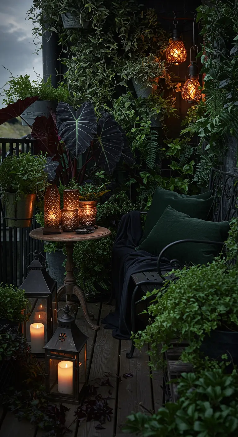 Donker getint balkon vol weelderige groene planten, sierlijke lantaarns en een gietijzeren bankje.
