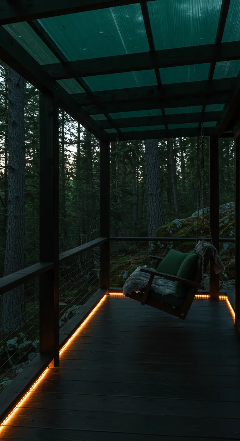 Houten schommelstoel in bos op donkere veranda, groene kussens, LED-verlichting.