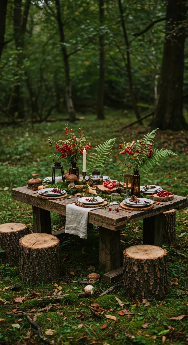 Brunchtafel in een bos met boomstronken, bessen en varens.