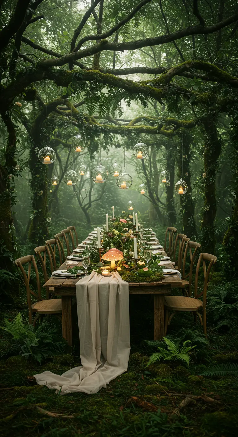 Lange tafel in mystiek bos met zwevende kaarsen en groene decoratie.