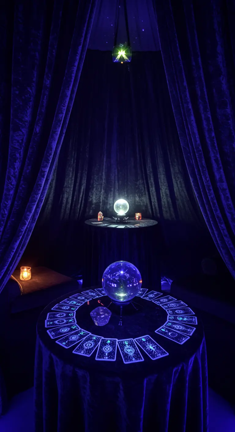Donkere kamer met kristallen bol en lichtgevende tarotkaarten op tafel.