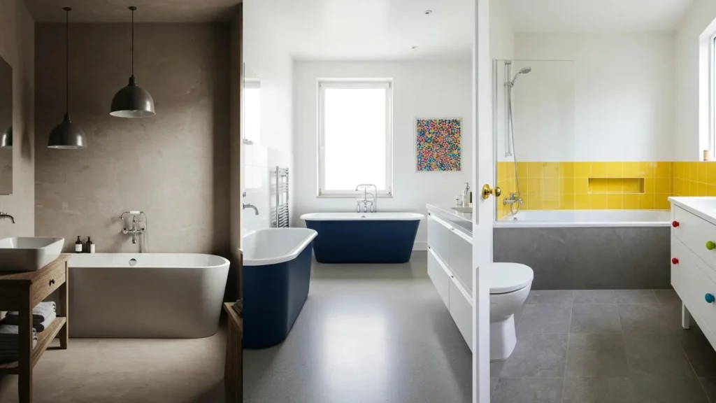 Drie strakke, moderne badkamers met verschillende stijlen en betoncire ideeën voor een naadloze look.