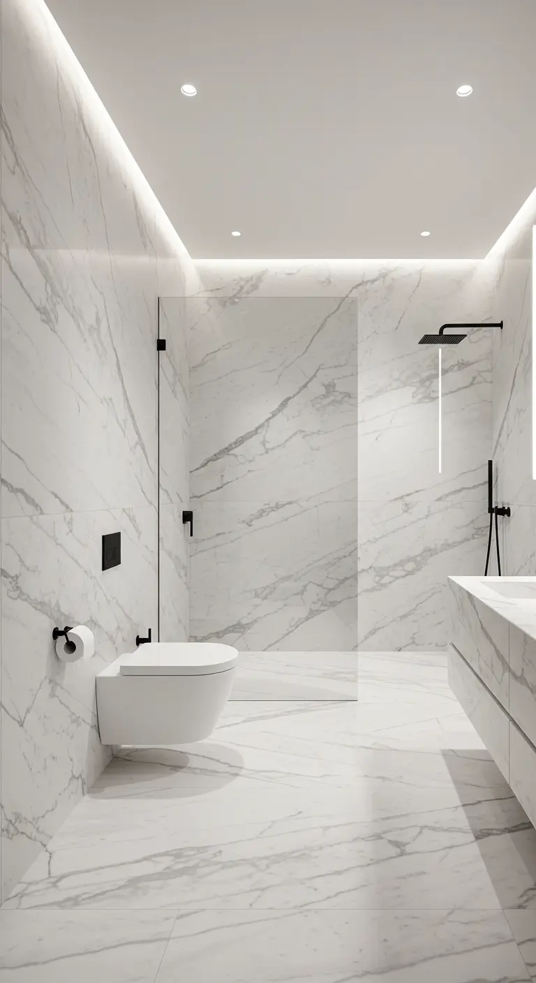 Minimalistische witte marmeren badkamer met zwevend toilet en indirecte LED-verlichting.