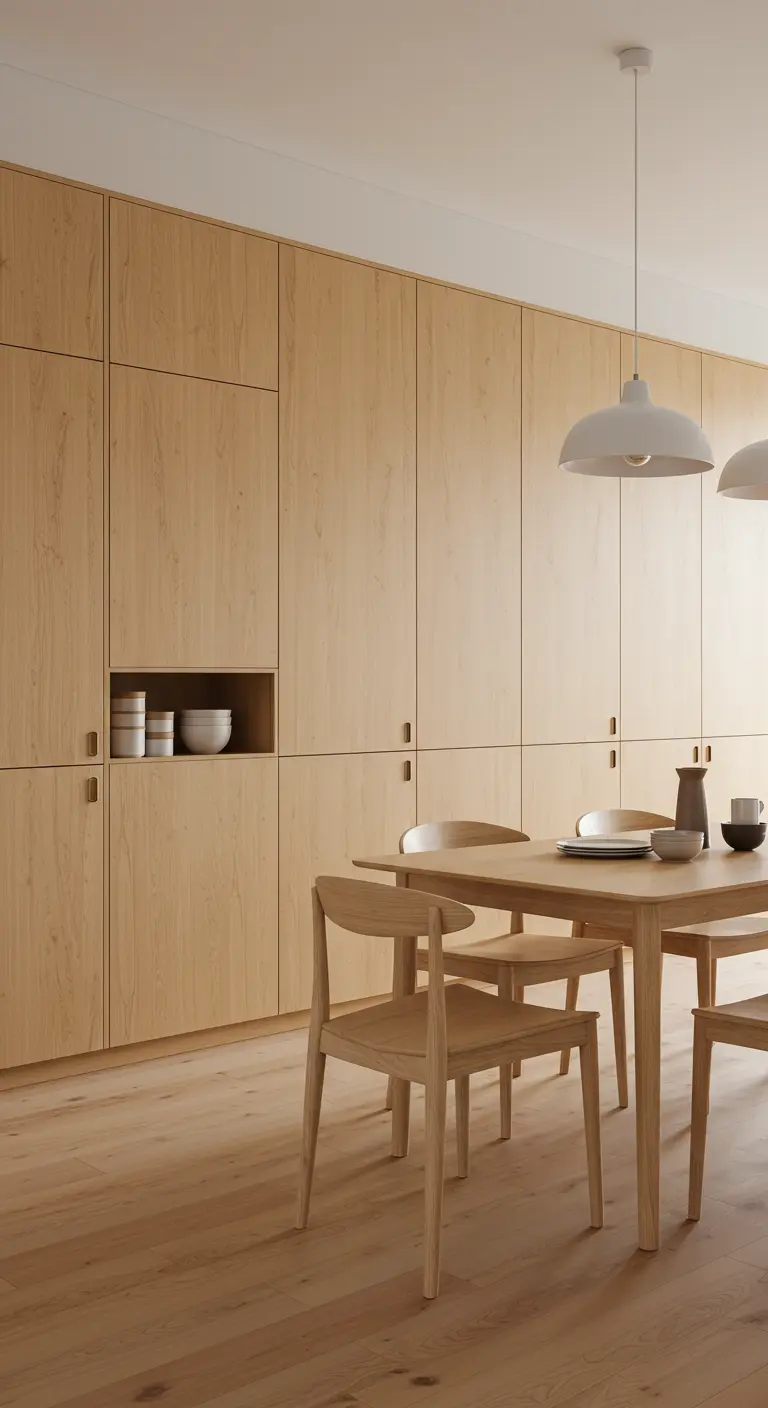 Eetkamer met kamerhoge houten kastenwand met een open nis.