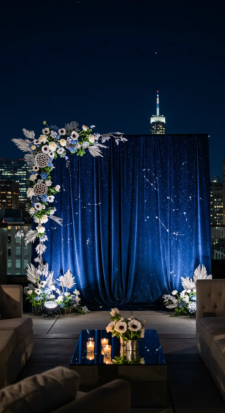 Blauw fluwelen doek met sterren en witte bloemen als fotowand.