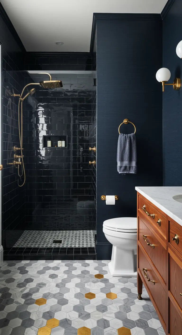Donkerblauwe badkamer met zwarte tegels en gouden accenten.