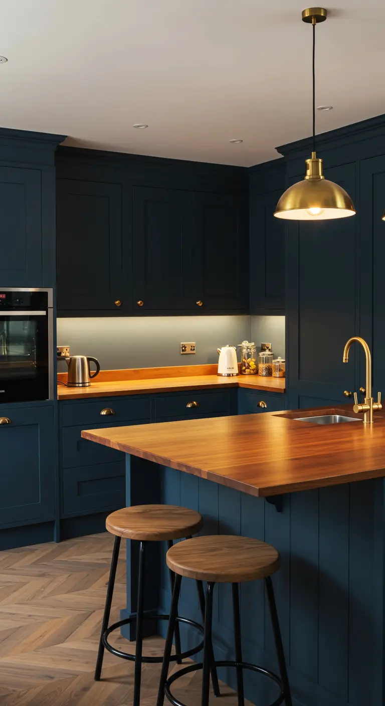 Donkerblauwe keuken met een warm houten eilandblad, gouden kraan en een gouden hanglamp.