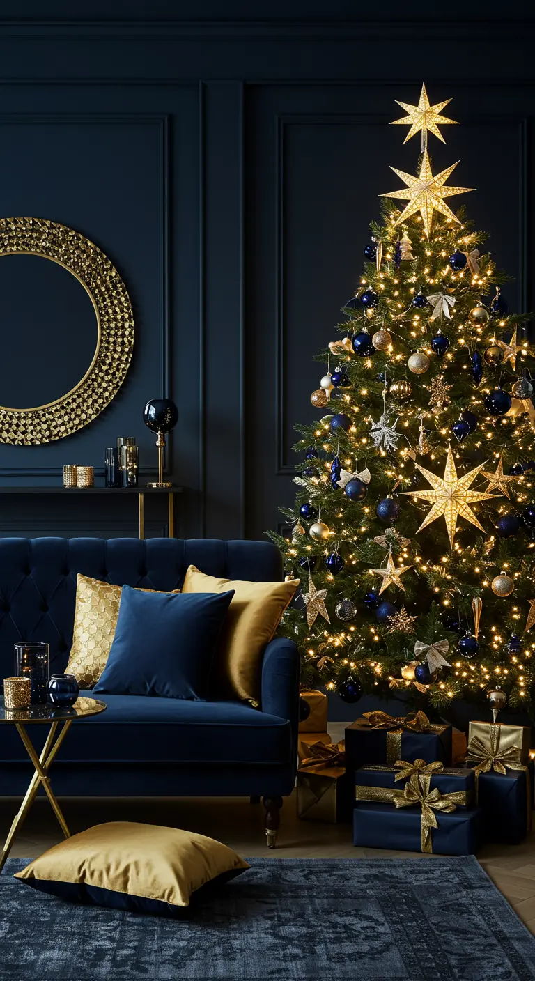 Woonkamer met donkerblauwe muren, een blauwe bank met gouden kussens en een kerstboom.