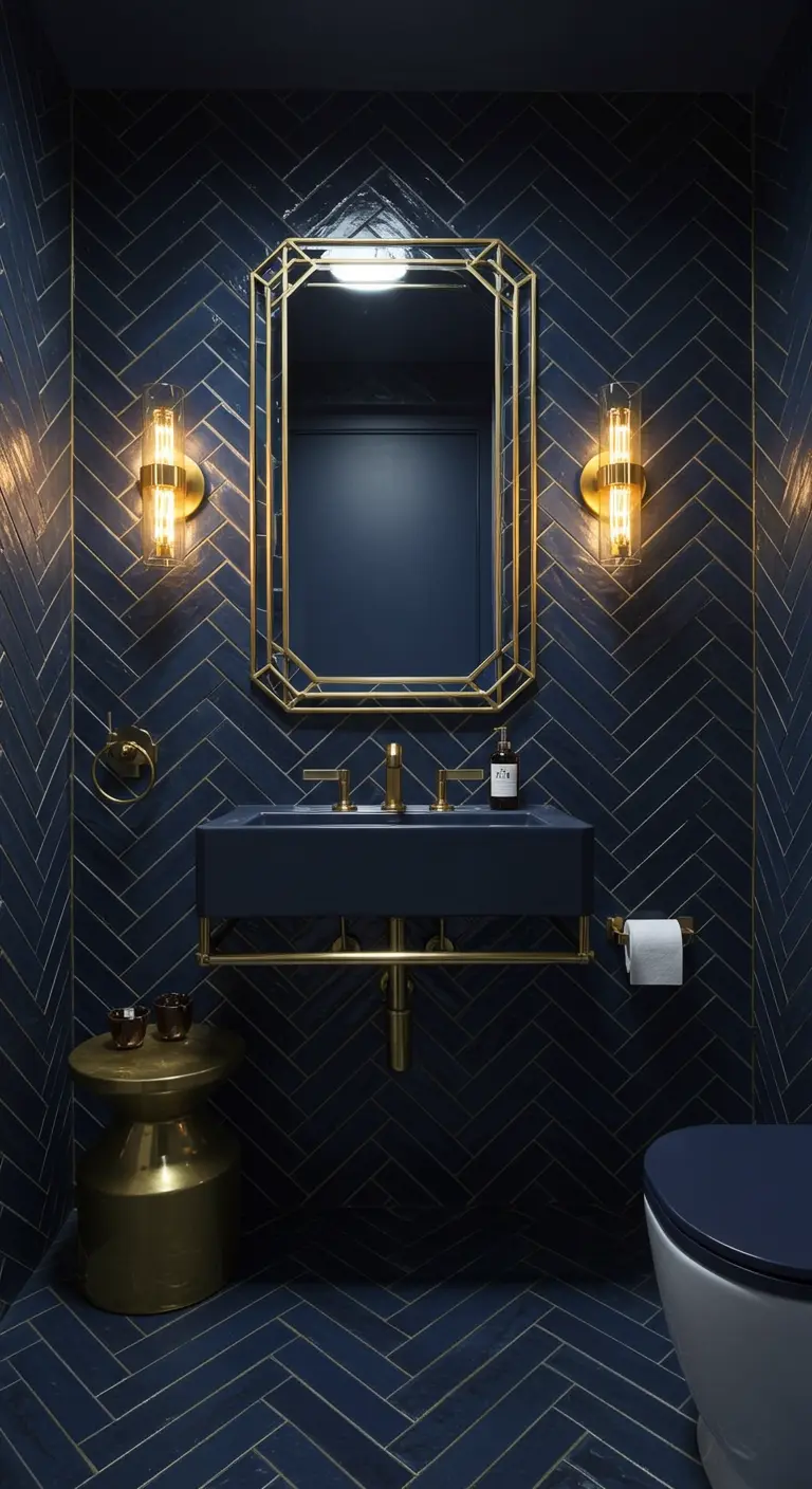 Donkerblauwe badkamer met visgraattegels en gouden kranen en spiegel.