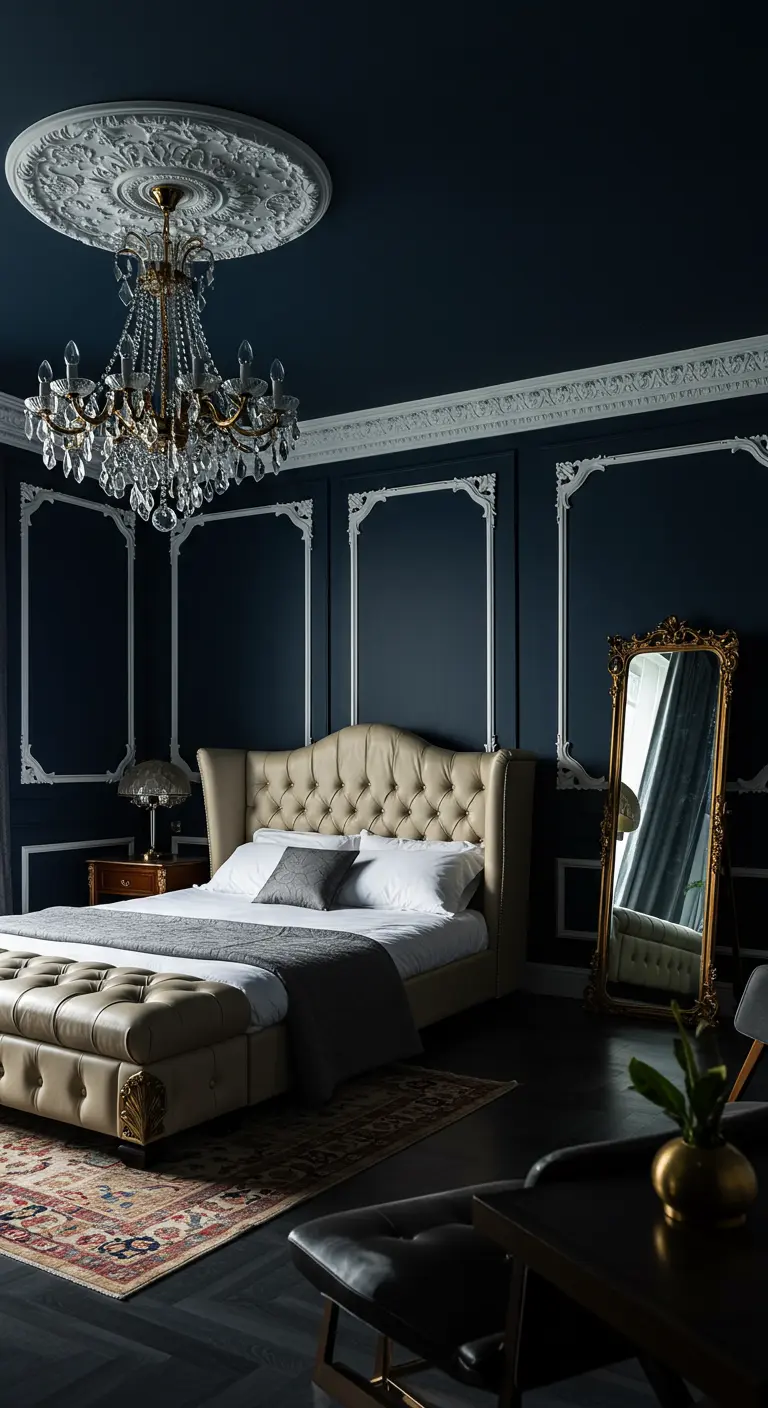 Elegante slaapkamer in nachtblauw met een crème hoofdbord en gouden spiegel.