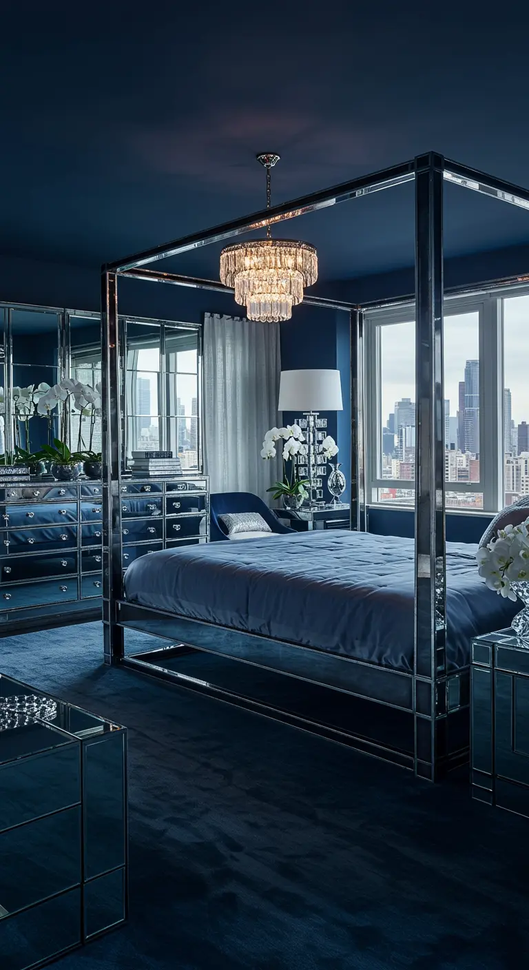 Slaapkamer in nachtblauw met een spiegelend hemelbed en uitzicht op de stad.