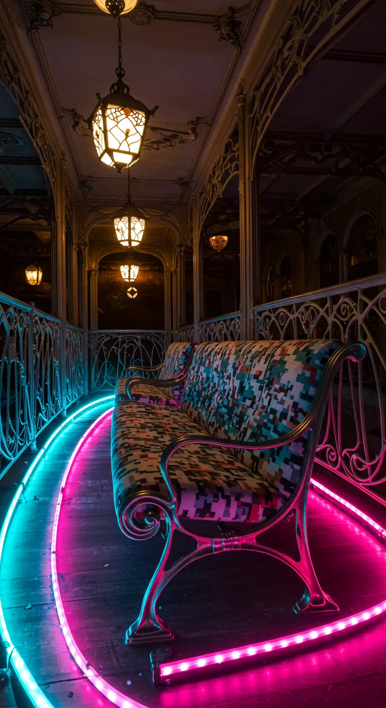 Balkon met sierlijke balustrade, een klassieke bank en felle roze en blauwe neonverlichting.