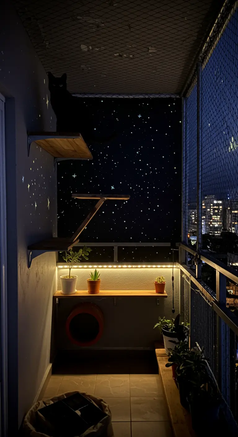 Zwarte kat op een klimplank op een balkon met een 'sterrenhemel' muurschildering.