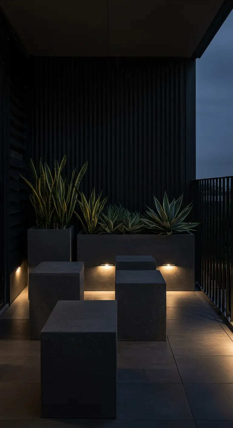 Donker balkon met kubusvormige betonnen zitjes die van onderen worden verlicht.