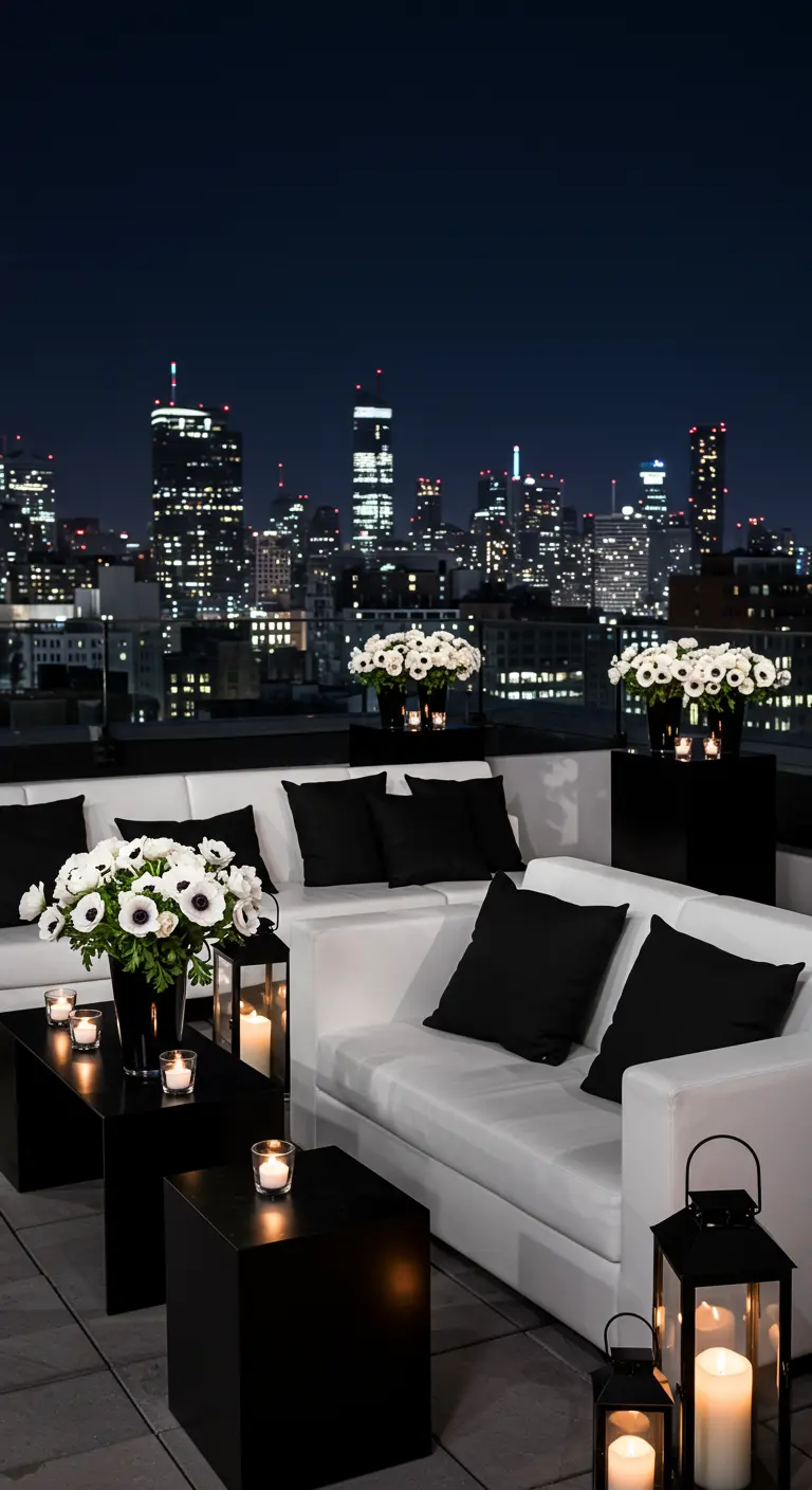Chique dakterras 's nachts met witte banken, zwarte details en witte bloemen.