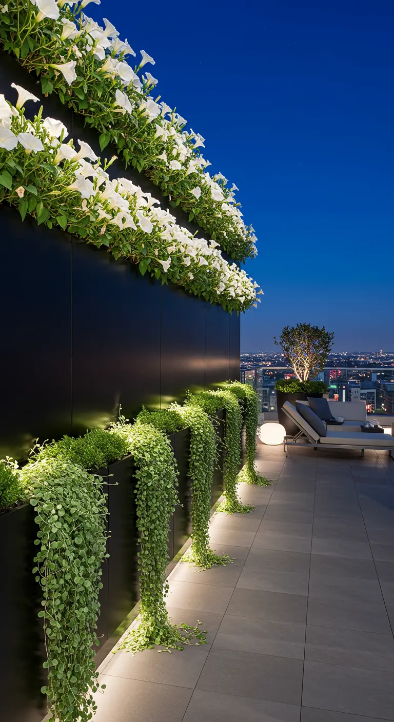 Luxe dakterras 's nachts met een verlichte zwarte plantenwand vol witte bloemen.