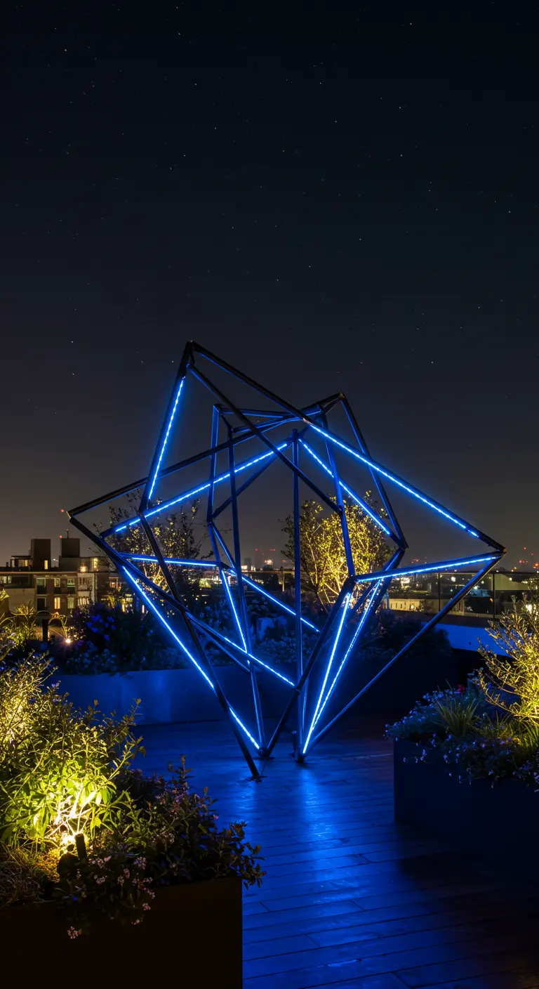 Groot, geometrisch metalen frame verlicht met blauwe neonlijnen op een dakterras bij nacht.