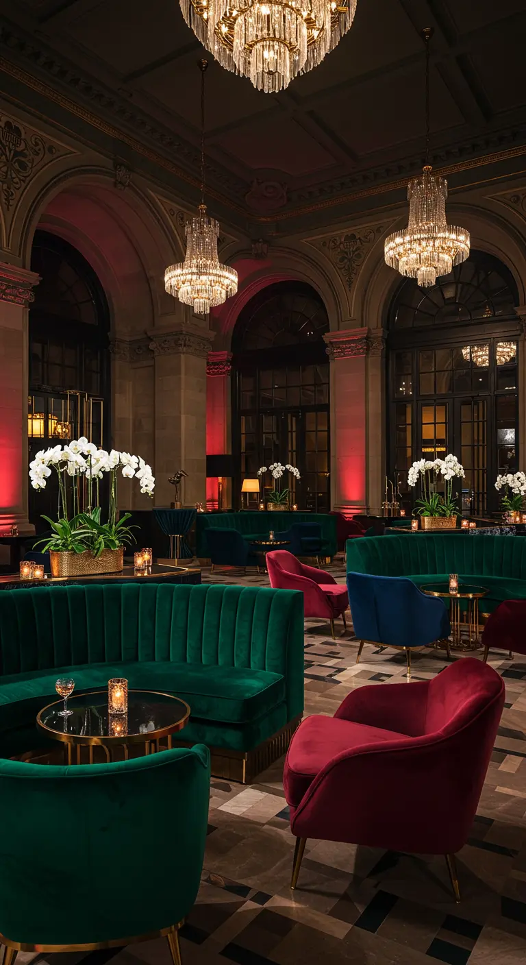 Luxe hotellounge met smaragdgroene en bordeauxrode fluwelen banken, kroonluchters.