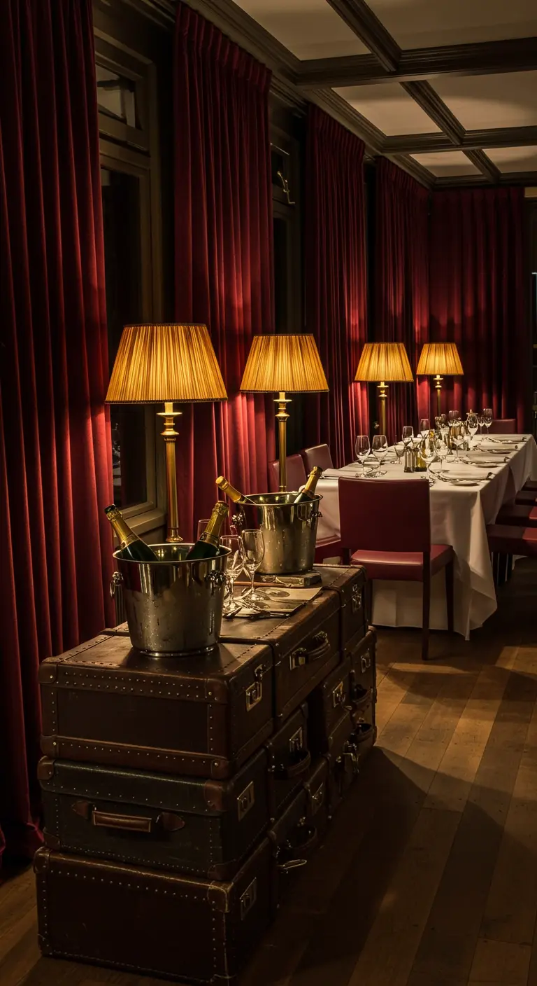 Chique diner setting met donkerrode gordijnen en koffers als champagnebar.