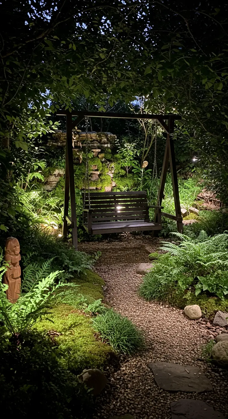 Donkere houten schommelbank in tuin bij schemering, verlicht door grondspots en sfeerlicht.
