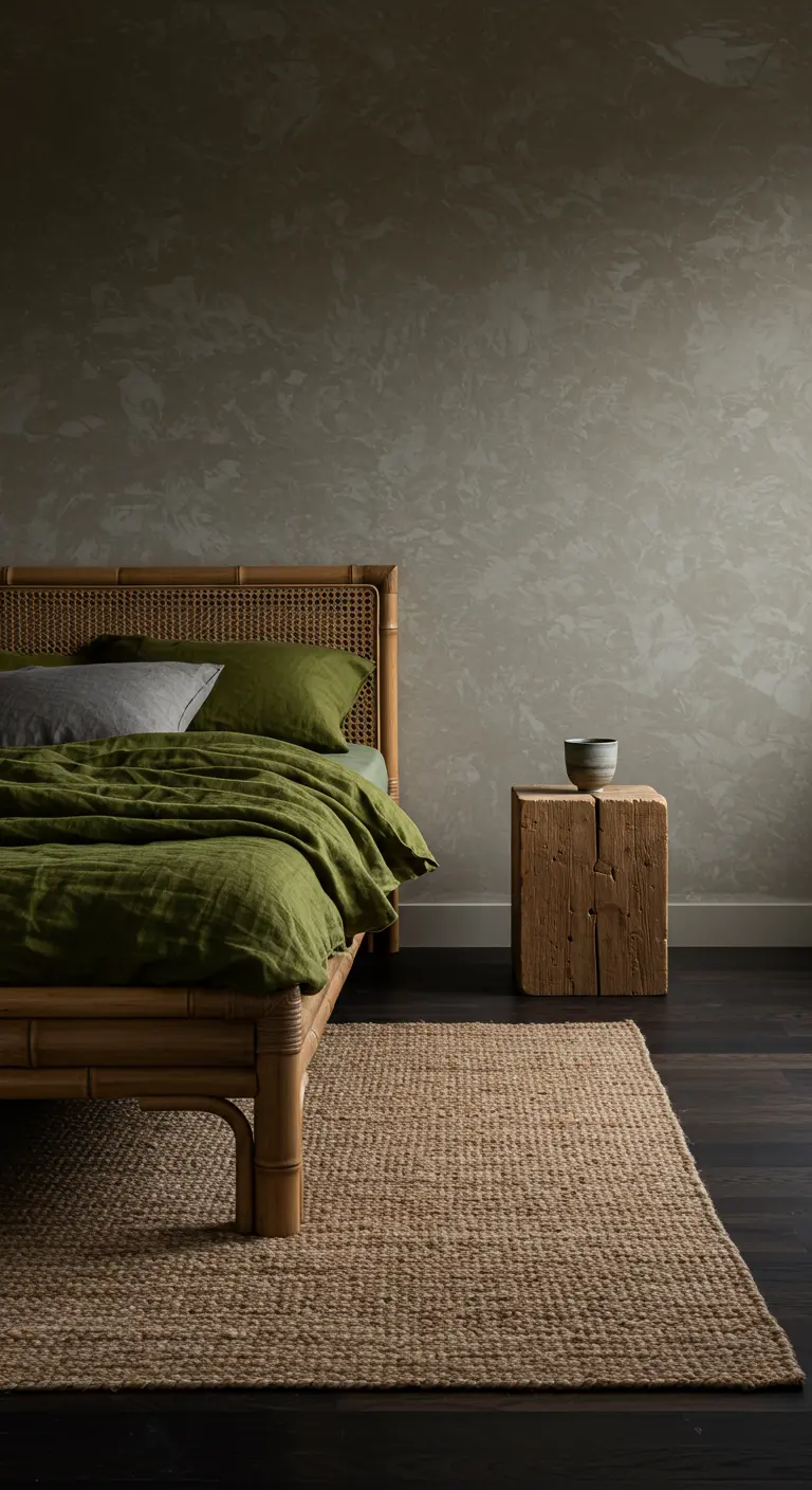 Slaapkamer met olijfgroen linnen, rotan bed en een houten blok als nachtkastje.