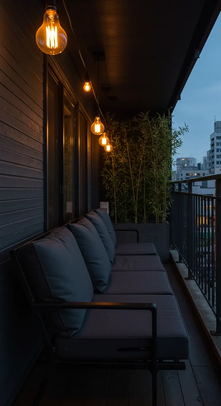 Donker stadsbalkon met strakke loungebank en sfeervolle Edison-lichtslinger.