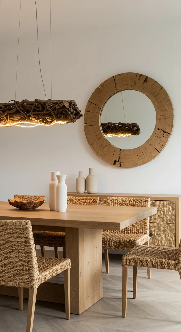 Natuurlijke eethoek met een lamp van takken, een grote houten spiegel en een lichte houten tafel.