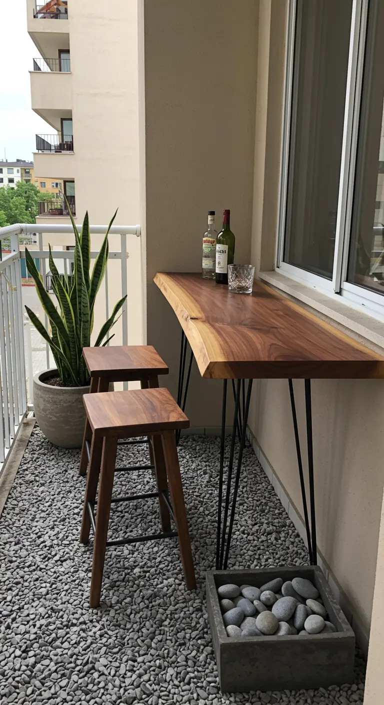 Smalle balkonbar met een boomstamblad en hairpin-poten op een vloer van kiezels.