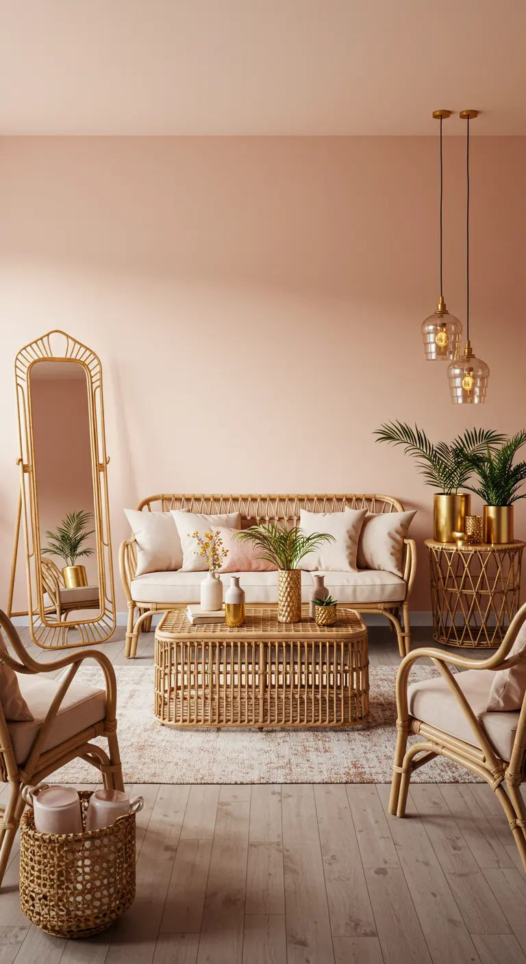 Perzikkleurige woonkamer met rotan meubels en gouden hanglampen.