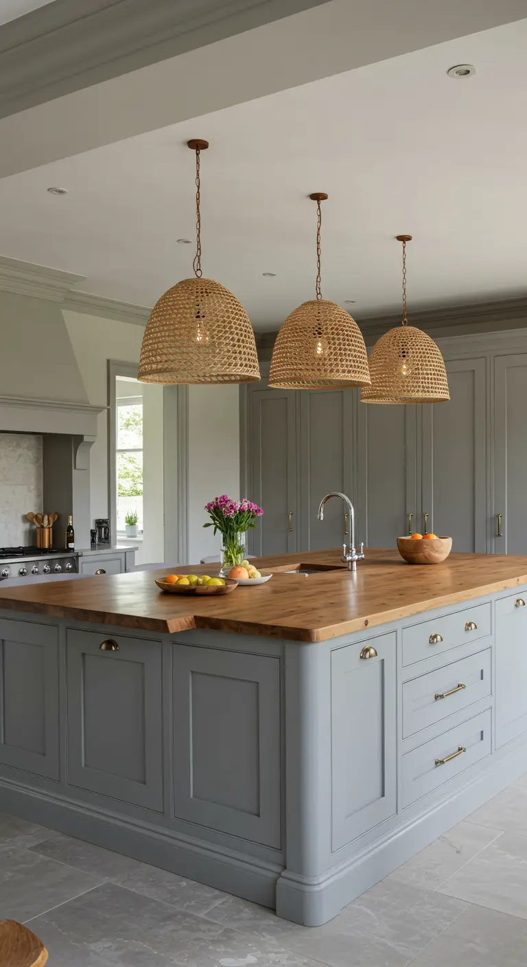Grote keuken met lichtgrijs eiland, houten werkblad en drie grote rieten hanglampen erboven.