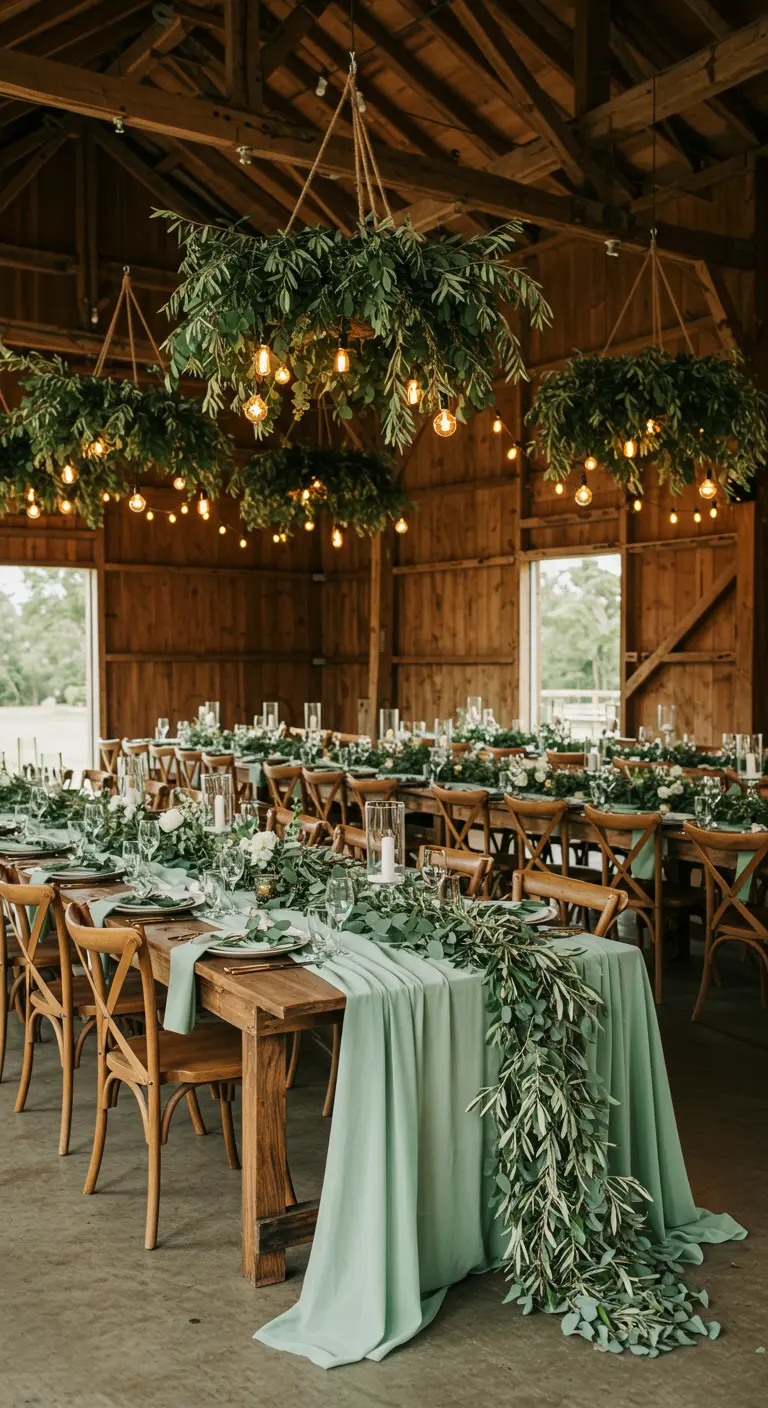 Rustieke bruiloft in schuur met saliegroene tafellopers en hangende groene decoratie.