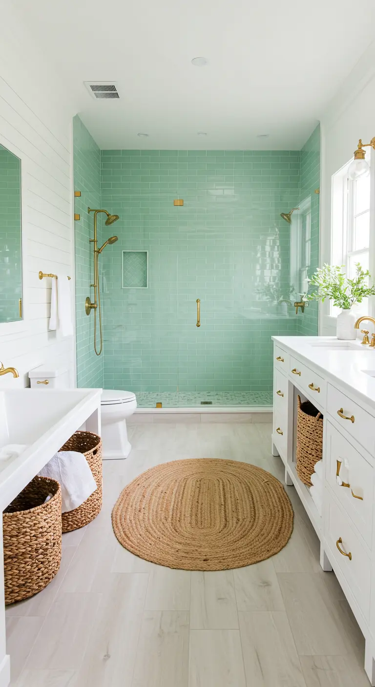 Lange badkamer met een grote inloopdouche met zeegroene tegels en rieten manden.