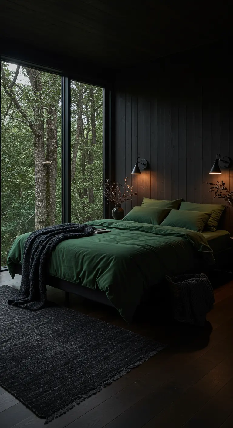 Donkergroene slaapkamer met raam dat uitkijkt op het bos, groen beddengoed en zwarte wandlampen.