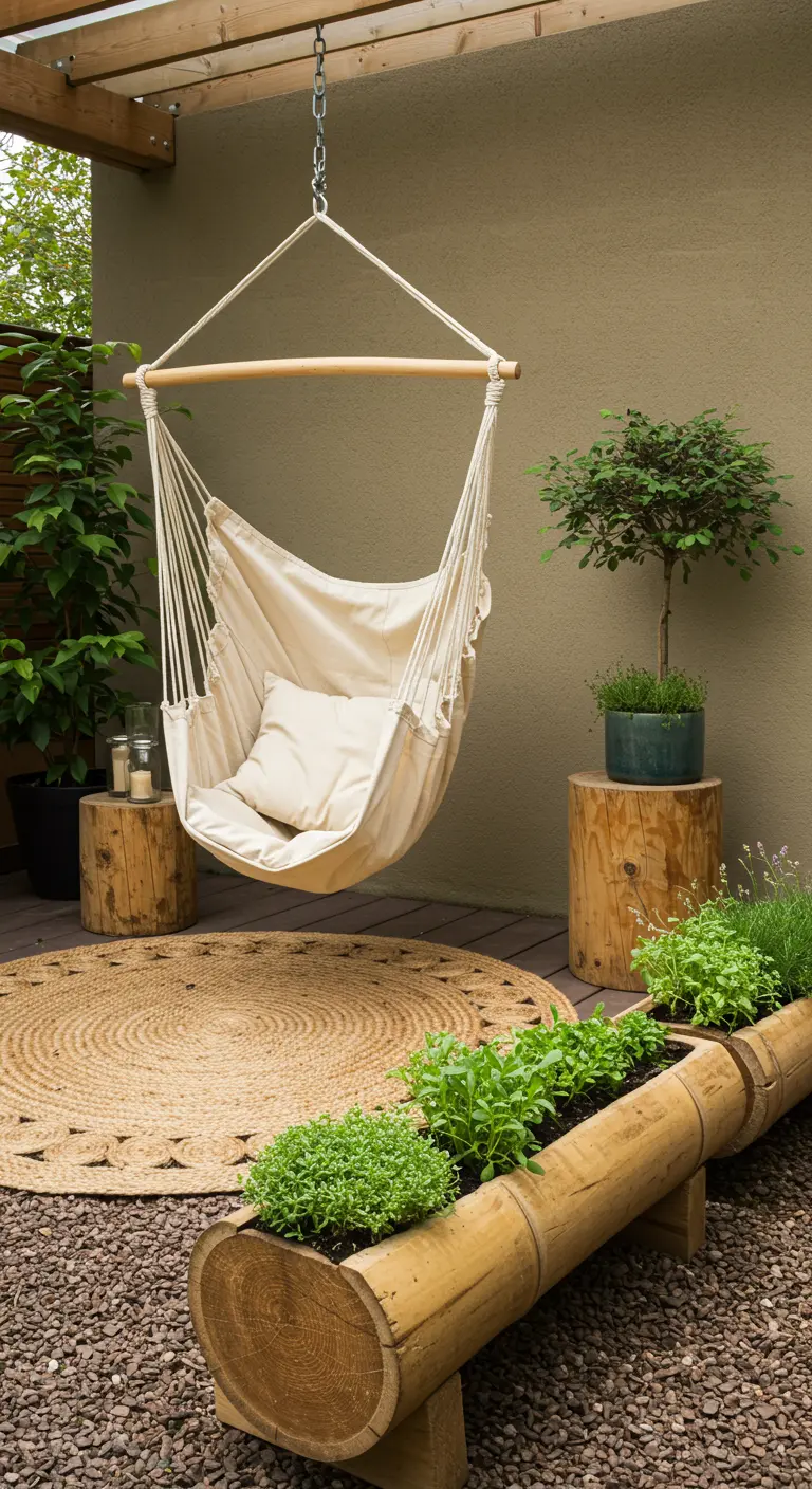 Terras met een canvas hangstoel, jute kleed en kruiden in een bamboe plantenbak.