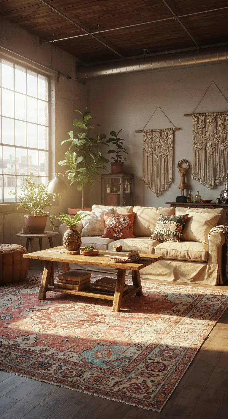 Woonkamer met vintage rood-blauw tapijt, linnen bank, houten tafel, macramé wanddecoratie.