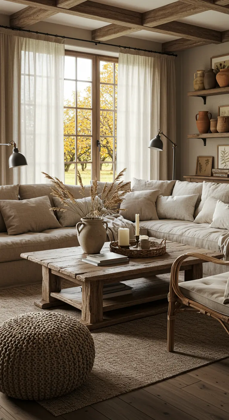 Rustieke woonkamer met beige bank, houten salontafel, gedroogde pluimen en naturel gordijnen.