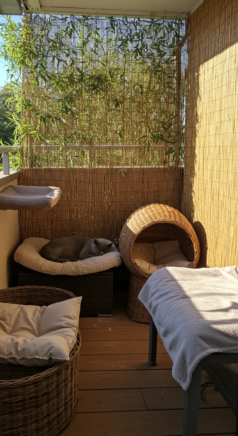 Grijze kat slaapt in een zacht mandje op een beschut balkon met bamboe.