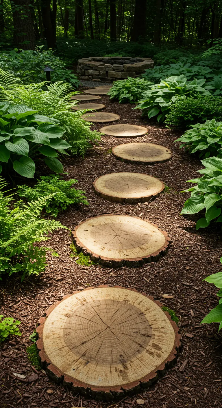 Tuinpad gemaakt van ronde boomschijven op een bodem van houtsnippers, omgeven door varens.