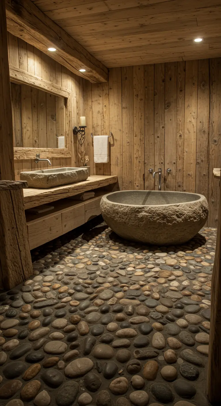 Rustieke badkamer met houten muren, stenen wasbak en bad, en kiezelvloer.