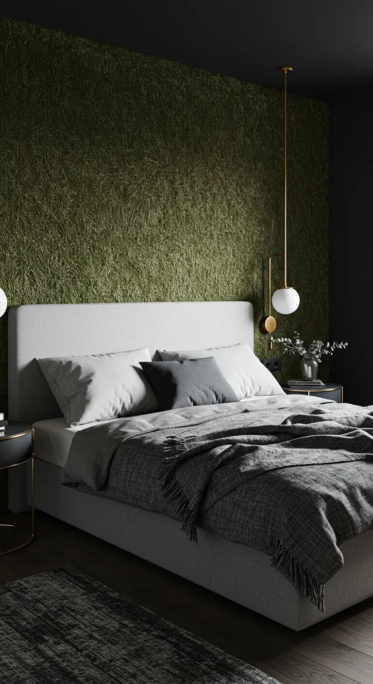 Moderne slaapkamer met een groene moswand, zwart plafond en een minimalistische gouden hanglamp.