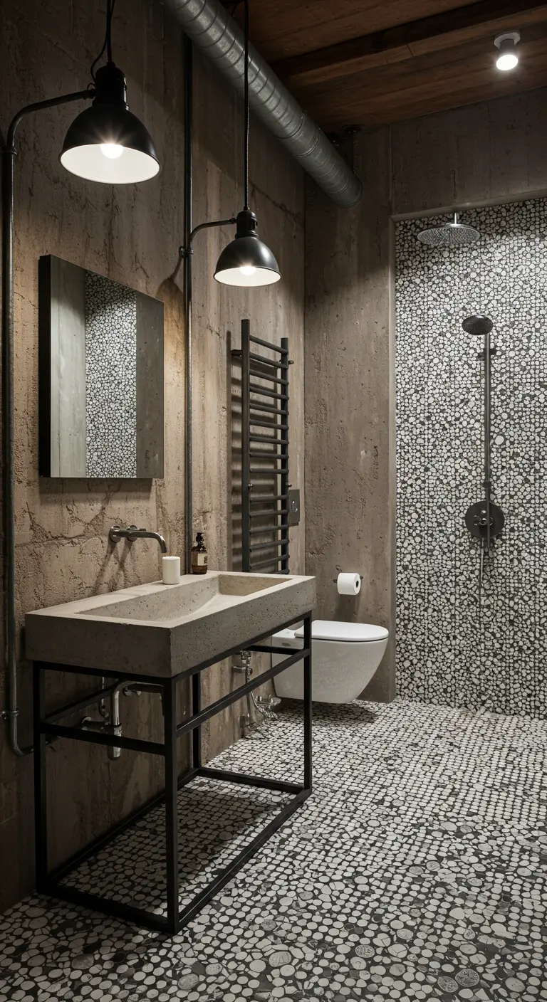 Industriële badkamer met een betonnen wastafel en een vloer van kiezelmozaïek.