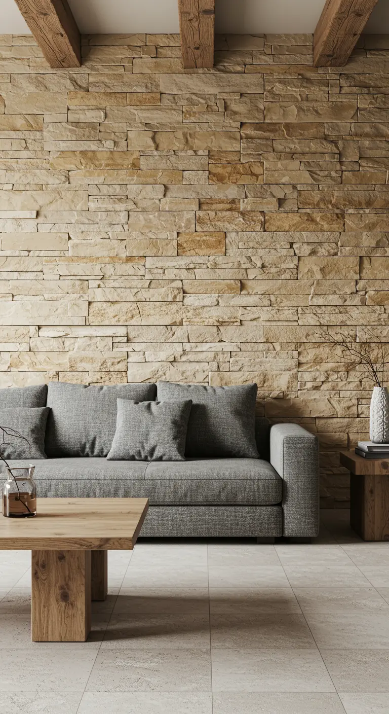 Woonkamer met een accentmuur van natuursteen, een grijze bank en een houten tafel.