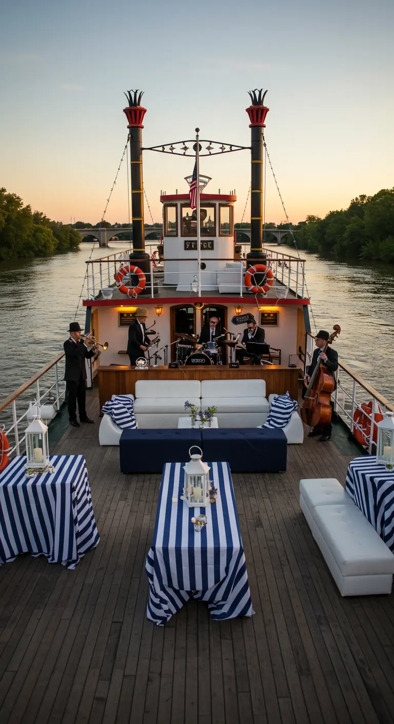 Receptie op een vintage stoomboot met moderne witte loungebanken en blauw-wit gestreepte tafelkleden.