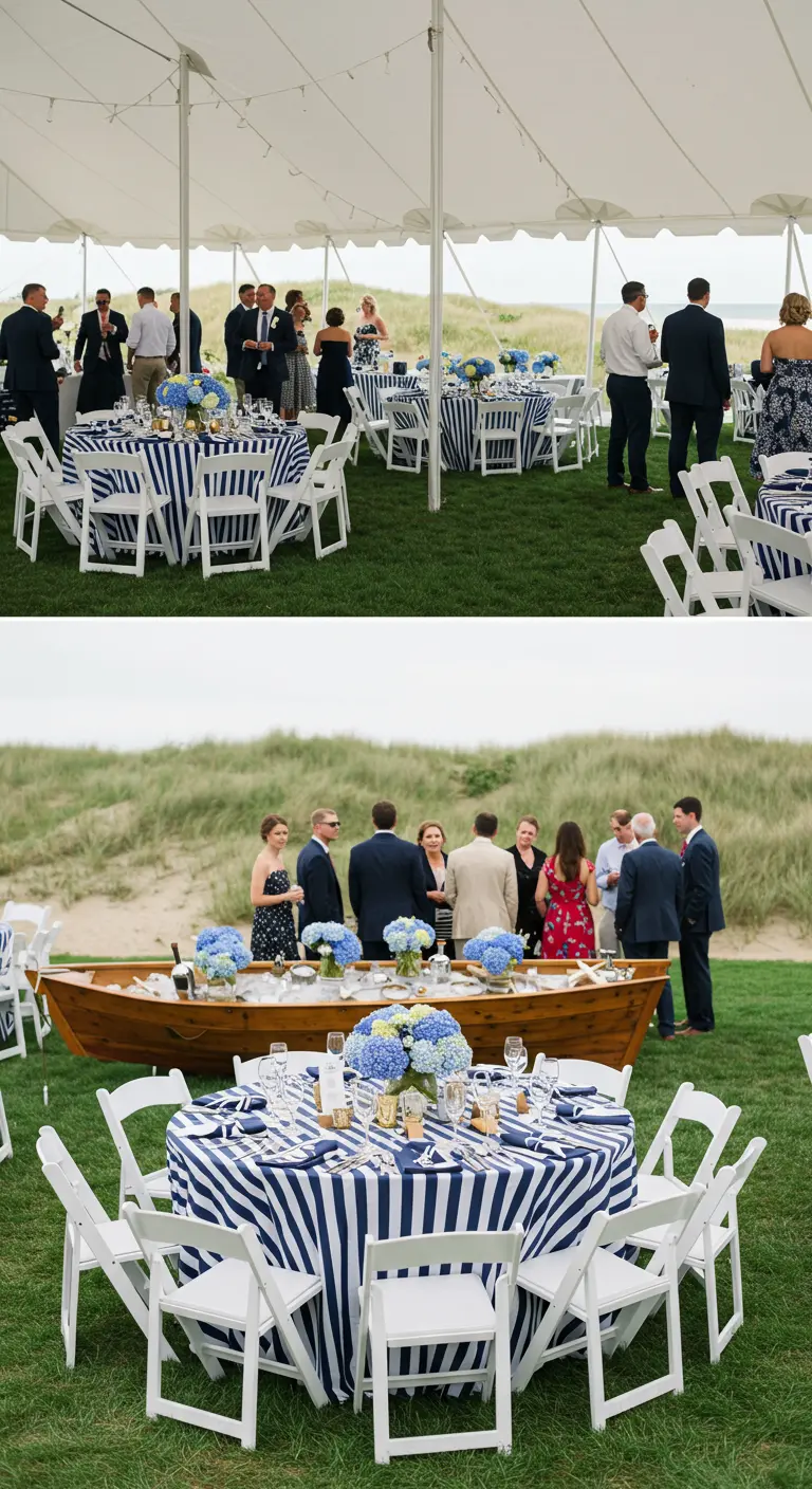 Nautische bruiloftsreceptie met blauw-wit gestreepte tafelkleden en een roeiboot als decor.